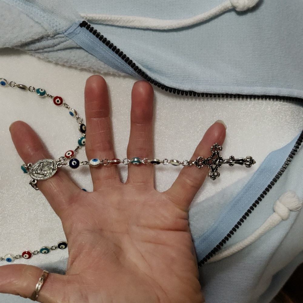 Evil eye rosary silver color and blue white and red unisex